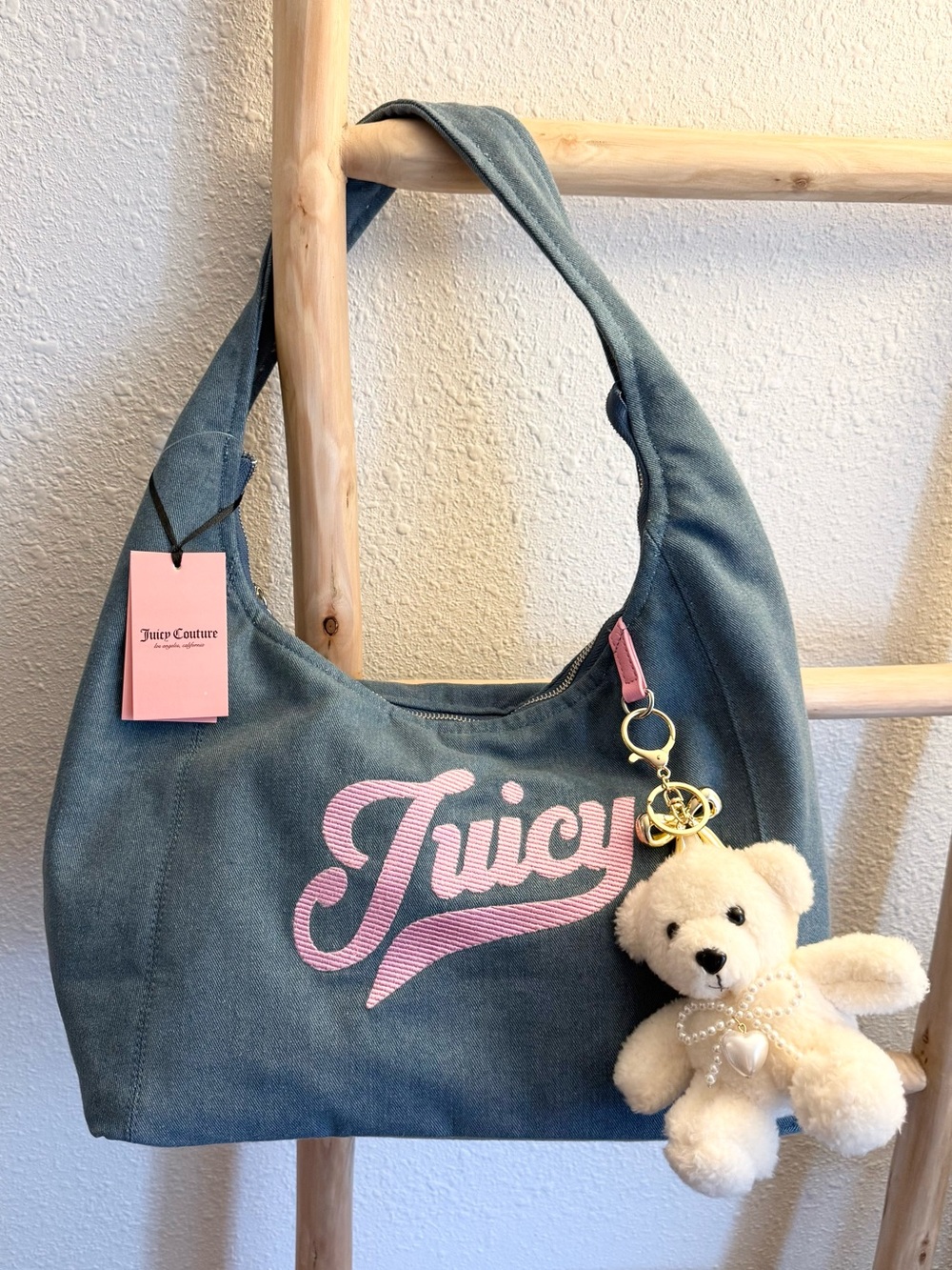 Juicy Couture denim shoulder bag w/ teddy charm
